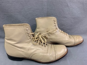 Mens, Boots 1890s-1910s, STACY ADAMS, Beige, Leather, Solid, 9, Cap Toe, Ankle High, Regular and Speed Lacing/Ties,  Black Low Stack Heel, Speckled Aged/Distressed,