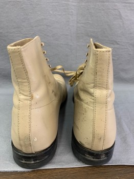 Mens, Boots 1890s-1910s, STACY ADAMS, Beige, Leather, Solid, 9, Cap Toe, Ankle High, Regular and Speed Lacing/Ties,  Black Low Stack Heel, Speckled Aged/Distressed,