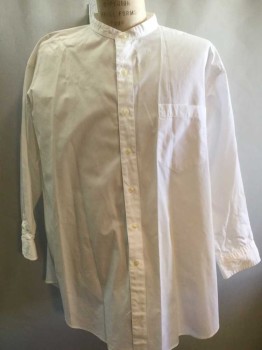 HUNT CLUB, White, Cotton, Solid, Long Sleeve Button Front, Band Collar, 1 Pocket, 1980's Shirt That Looks Old Timey