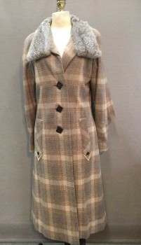 Womens, Coat, M.T.O>, Tan Brown, Gray, Brown, Camel Brown, Wool, Fur, Plaid, 6, Gray Rabbit Collar, 3 Square Button Front, Lacing/Ties,  2 Pockets, Raglan Caped Back Sleeves, Camel Seam Detail Back with Brown Square Buttons,