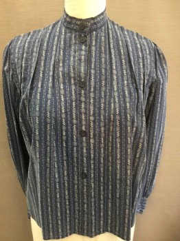 N/L, Navy Blue, Cream, Cotton, Floral, Stripes - Vertical , Calico, Long Sleeve Button Front, Stand Collar, Pleated Front, Button Cuffs, Double, Made To Order,