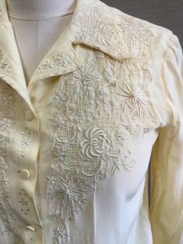 PEONY, Lemon Yellow, Silk, Floral, Long Sleeves, Button Front, Collar Attached, Floral Embroidery See Detail Photos, Small Red Stain Right Shoulder The Size Of A Pin Head,