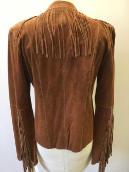 BEBE, Chestnut Brown, Suede, Solid, No Closures, Fringe Around Collar/Down Center Front/Sleeves, Top Stitching