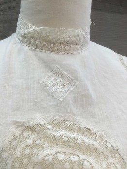 N/L, White, Linen, Lace, Solid, Stripes - Vertical , Long Sleeves, Buttons In Back, Lace Stand Collar, 2 Vertical 1" Wide Sheer Net/Lace Insets On Either Side Of Front and Back , with Large Sheer Net Oval with Floral Embroidery At Center Front, Sheer Lace Insets At Outseam Of Sleeves, Lace Detail At Cuffs, *Worn At Neckline, Tear At Lace In Oval At Front