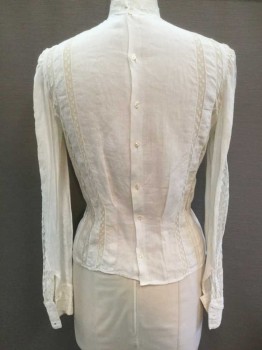 N/L, White, Linen, Lace, Solid, Stripes - Vertical , Long Sleeves, Buttons In Back, Lace Stand Collar, 2 Vertical 1" Wide Sheer Net/Lace Insets On Either Side Of Front and Back , with Large Sheer Net Oval with Floral Embroidery At Center Front, Sheer Lace Insets At Outseam Of Sleeves, Lace Detail At Cuffs, *Worn At Neckline, Tear At Lace In Oval At Front