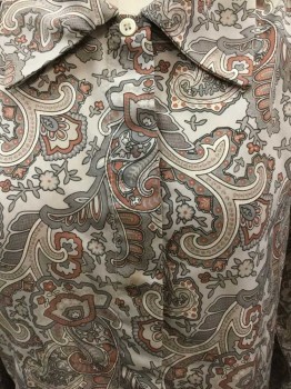 N/L, Beige, Tan Brown, Rust Orange, Cream, Taupe, Polyester, Paisley/Swirls, Long Sleeve Button Front, Wide Collar Attached, Shoulder Pads, Covered Button Placket, **Faint Brown Stain On Front Button Placket