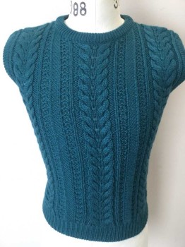 Mens, Vest, CAMBRIDGE SPIRIT, Teal Blue, Wool, Cable Knit, Small, Crew Neck, Pullover,