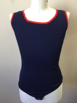 Mens, Tank, STRETCH, Navy Blue, Red, Nylon, Solid, 42, Self Textured Stripe, Sleeveless, Red Scoop Neck/armholes, Snap Crotch