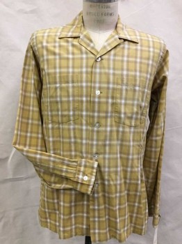 HATHAWAY SHIRT, Mustard Yellow, Ochre Brown-Yellow, White, Blue, Cotton, Plaid, Button Front, Collar Attached with Button Loop , Long Sleeves with Button Cuffs, 2 Pockets,