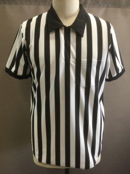 Unisex, Referee Shirt, TEAMWORK, Black, White, Polyester, Stripes - Vertical , XL, Short Sleeves, Solid Black Collar Attached and Trim on Cuffs, Zip at Center Front Neck, 1 Patch Pocket
