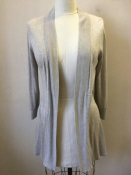JOAN VASS, Beige, Rayon, Heathered, Tight Ribbed Knit, Shawl Collar, Open Front, Long Sleeves, Metal Hardware on Cuffs, Self Raised Knit Waistband