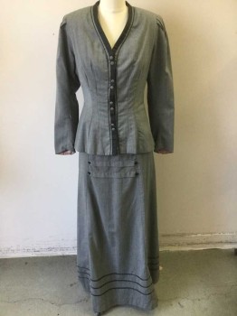 N/L, Gray, Black, Wool, Herringbone, Black Grosgrain Trim at Center Front Placket/Neck, 4 Groups of 2 Self Covered Buttons Each, Hidden Hook&Eye Closures, Leg O'Mutton Sleeves Gathered at Shoulder Seams, Mauve Silk Lining, Made To Order **Has Some Small Holes, Stains Throughout,