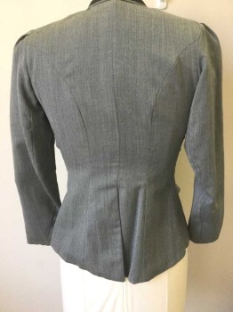 N/L, Gray, Black, Wool, Herringbone, Black Grosgrain Trim at Center Front Placket/Neck, 4 Groups of 2 Self Covered Buttons Each, Hidden Hook&Eye Closures, Leg O'Mutton Sleeves Gathered at Shoulder Seams, Mauve Silk Lining, Made To Order **Has Some Small Holes, Stains Throughout,