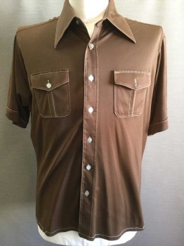 JC PENNEY, Chocolate Brown, Polyester, Solid, with White/Orange Stitching, Button Front, Pointy Collar, Short Sleeves, 2 Flap Pockets