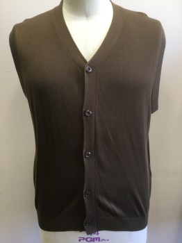 Mens, Sweater Vest, THREAD & STITCH, Brown, Wool, Rayon, Solid, XL, Lightweight Knit, V-neck, 5 Button Front