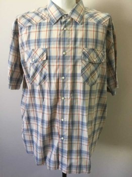 Mens, Western, FOXFIRE, Gray, Lt Blue, Orange, Charcoal Gray, Cotton, Polyester, Plaid, XXL, Short Sleeve,  Snap Front, Collar Attached, 2 Flap Pockets, Snap Fronts are White with Silver Edge