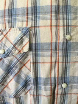 FOXFIRE, Gray, Lt Blue, Orange, Charcoal Gray, Cotton, Polyester, Plaid, Short Sleeve,  Snap Front, Collar Attached, 2 Flap Pockets, Snap Fronts are White with Silver Edge