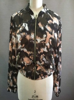 Womens, Casual Jacket, H&M, Black, Blush Pink, White, Polyester, Splotches, 2, Zip Up, Long Sleeves, Elastic Gathered Cuff/Waistband, Mandarin Collar Attached, 2 Zip Pockets