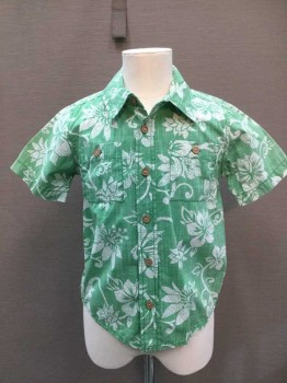 OLD NAVY, Lt Green, White, Cotton, Floral, Hawaiian Shirt Short Sleeve, Collar Attached, Button Front, 2 Patch Pockets with Button