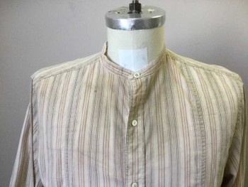 N/L, Beige, Brown, Lt Blue, Cotton, Lycra, Stripes, Working Class Shirt. Button Front, Collar Band, Bib Front, Long Sleeves with Cuffs. Aged,