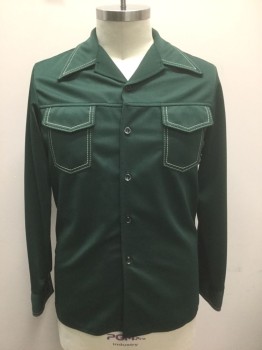 TIME OUT BY FARAH, Forest Green, Polyester, Solid, with Cream Topstitching, Long Sleeve Button Front, Collar Attached, 2 Flap Pockets,