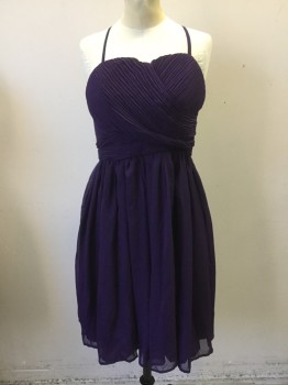 TEVOLIO, Purple, Polyester, Solid, Poly Chiffon, Plisse Bodice with Removable Straps, Skirt Gathered to Waist