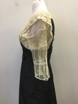 Mto, Black, Cream, Silk, Rayon, Solid, Floral, Taffeta with Black Rat Tail Texture, Antique Cream Lace Upper and Sleeves. Center Back Snap Closures. Light Blue Ribbon Detail at Back. Center Back Lace and Light Blue Facing in Fragile State,