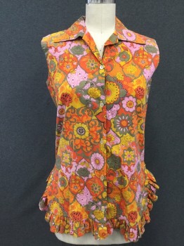 MTO, Orange, Taupe, Lavender Purple, Turmeric Yellow, Cotton, Floral, Button Front, Sleeveless, Pointy Collar Attached, Ruffle Trim Hem, Side Slits with Ruffle,