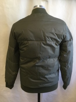 Mens, Casual Jacket, VANS, Olive Green, Nylon, Solid, S, Quilted Stripe Nylon, Zip Front, Long Sleeves, 2 Snap Flap Pockets, Arm Pocket, Ribbed Knit Collar/Cuff/Waistband