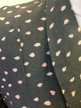 Womens, 1940s Vintage, Suit, Jacket, MTO, Gray, Pink, Silk, Dots, B 42, Single Breasted, 3 Pink Florette Buttons, Shawl Collar, 3/4 Sleeve with Cuff, 1/2 Oval Flap on Left Side Chest