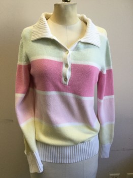 Womens, Sweater, TOGETHER, Cream, Lt Green, Lt Yellow, Pink, Lt Pink, Cotton, Stripes - Horizontal , S, Polo 3 Buttons,  Rib Knit Collar/cuffs and Waistband, Pullover,