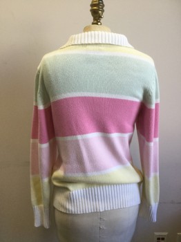 Womens, Sweater, TOGETHER, Cream, Lt Green, Lt Yellow, Pink, Lt Pink, Cotton, Stripes - Horizontal , S, Polo 3 Buttons,  Rib Knit Collar/cuffs and Waistband, Pullover,