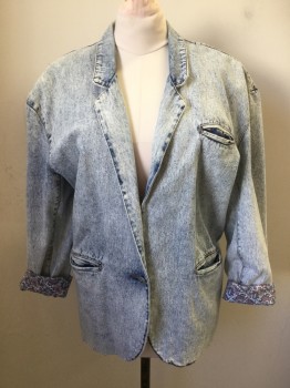S.B.II, Lt Blue, Cotton, Solid, Heathered, Single Breasted, 1 Button, 3 Pockets, Notched Lapel, Acid Washed Denim, Paisley Lining, Shoulder Pads