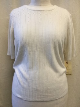 Womens, Pullover, SAG HARBOR, Ivory White, Acrylic, Cable Knit, XL, Crew Neck, Short Sleeves, Ribbed,