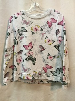 Childrens, Top, H&M, Heather Gray, Pink, Green, Black, Yellow, Synthetic, Novelty Pattern, 6-8, Heather Gray, Gray/ Pink/ Green/ Black/ Yellow Butterfly Print, Crew Neck, Long Sleeves,