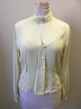 Womens, Blouse, DANA, Cream, Silk, Solid, W 30, B 36, 3 Fabric Covered Button Front, Keyhole Front, Long Sleeves, Button Cuffs, Scallopped Front Yoke, Peter Pan Collar with Snap Tab Closure, Waist Darts