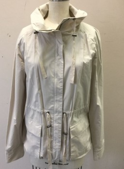 Womens, Casual Jacket, THEORY, Ecru, Cotton, Solid, S, Lightweight Jacket, Zip Front, Drawstring Waist, Stand Collar, 2 Large Flap Pockets at Hips, Solid Ecru Cotton Lining