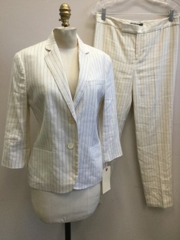Womens, Suit, Jacket, LAUREN, Cream, Black, Linen, Viscose, Stripes - Pin, 6, Single Breasted, 2 Buttons,  3 Pockets, Notched Lapel, 3/4 Sleeves,