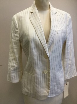 Womens, Suit, Jacket, LAUREN, Cream, Black, Linen, Viscose, Stripes - Pin, 6, Single Breasted, 2 Buttons,  3 Pockets, Notched Lapel, 3/4 Sleeves,