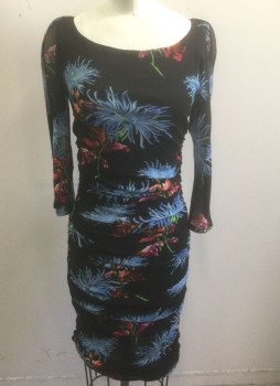 Womens, Dress, Long & 3/4 Sleeve, DVF, Black, Multi-color, Nylon, Floral, M, Sheer Black with Large Colorful Flowers Pattern Mesh, 3/4 Sleeves, Bateau/Boat Neck, Stretchy Body-Con Dress with Ruched Sides, Knee Length
