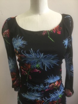 Womens, Dress, Long & 3/4 Sleeve, DVF, Black, Multi-color, Nylon, Floral, M, Sheer Black with Large Colorful Flowers Pattern Mesh, 3/4 Sleeves, Bateau/Boat Neck, Stretchy Body-Con Dress with Ruched Sides, Knee Length