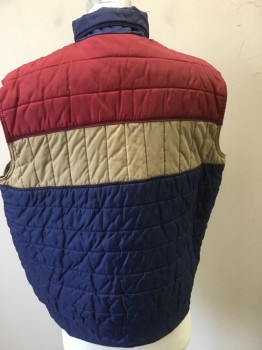 Mens, Vest, AVALANCHE, Red, Tan Brown, Navy Blue, Nylon, Stripes, XL, Zip Front, Quilted, Collar Attached, Zip Pockets