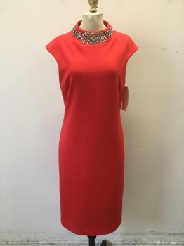 TED BAKER, Red, Polyester, Rhinestones, Solid, Floral, Back Zipper, Heavy Double Knit, Cap Sleeves, Draped Stand Collar with Rhinestone Necklace Applique,