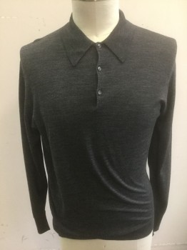 Mens, Pullover Sweater, JOHN SMEDLEY, Dk Gray, Wool, Solid, L, Polo Shirt Sweater, Long Sleeves, Rib Knit Collar Attached, 3 Button Placket