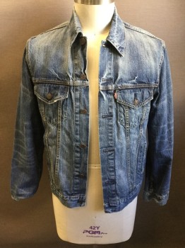 Mens, Jean Jacket, LEVI'S, Blue, Cotton, Solid, L, Button Front, Collar Attached, 4 Pockets, Back Waist Button Tabs