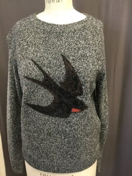 Womens, Pullover, LEVI'S, Black, Warm Gray, Brown, Brick Red, Wool, Solid, Animals, S, Crew Neck, Salt and Pepper, Sparrow on Front