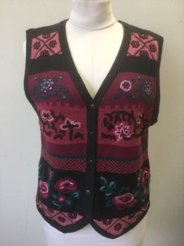 Womens, Vest, WHITE STAG, Black, Magenta Pink, Purple, Pink, Teal Blue, Ramie, Cotton, Floral, Stripes - Horizontal , L, Black with Shades of Pinks and Purples Horizontal Stripes in Front with Floral Swirl Details, Knit,  5 Button Front, V-neck,