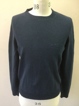 Mens, Pullover Sweater, APC, Dk Blue, Cotton, Polyamide, Solid, S, Ribbed Knit Crew Neck/Waistband/Cuff, Long Sleeves, "APC" Self Embroidery on Chest