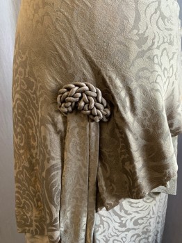 MTO, Dk Brown, Off White, Silk, Floral, Dark Brown Silk Floral Pleated Square Neck,Gathered Dark Brown Chiffon Sleeves, Silver/Cream Beaded Shoulder Appliqué with Rhinestones, Cream Floral Lace Center Front and Center Back Panel and Short Sleeves, Skirt Gathered at Side, Asymmetrical Tiers, Center Front Slit with Pleated Panels and Braided Appliqué Detail, Hook & Eye Back, Pleated Waist Wrap Panels with Hook & Eye Closures, Small Train, Separate Matching Beaded Netting Collar