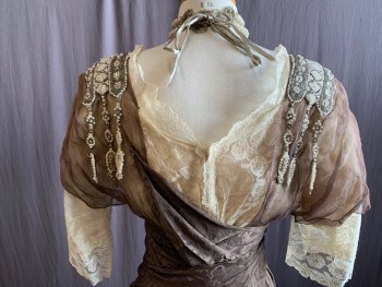MTO, Dk Brown, Off White, Silk, Floral, Dark Brown Silk Floral Pleated Square Neck,Gathered Dark Brown Chiffon Sleeves, Silver/Cream Beaded Shoulder Appliqué with Rhinestones, Cream Floral Lace Center Front and Center Back Panel and Short Sleeves, Skirt Gathered at Side, Asymmetrical Tiers, Center Front Slit with Pleated Panels and Braided Appliqué Detail, Hook & Eye Back, Pleated Waist Wrap Panels with Hook & Eye Closures, Small Train, Separate Matching Beaded Netting Collar
